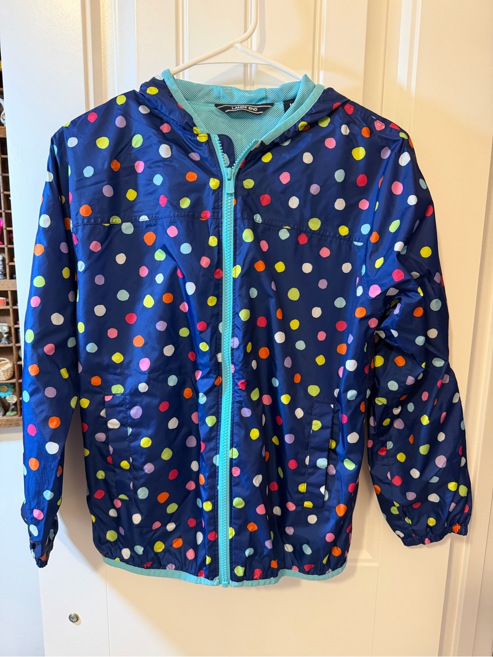 Lands' End Navy Polka Dot Hooded Packable Raincoat Size M 10/12